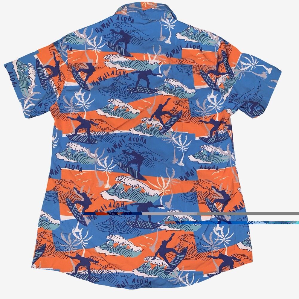 Dixxon Flannel Company Mens Alotta Aloha Shirt Surfer Wave Graphic Blue Orange L